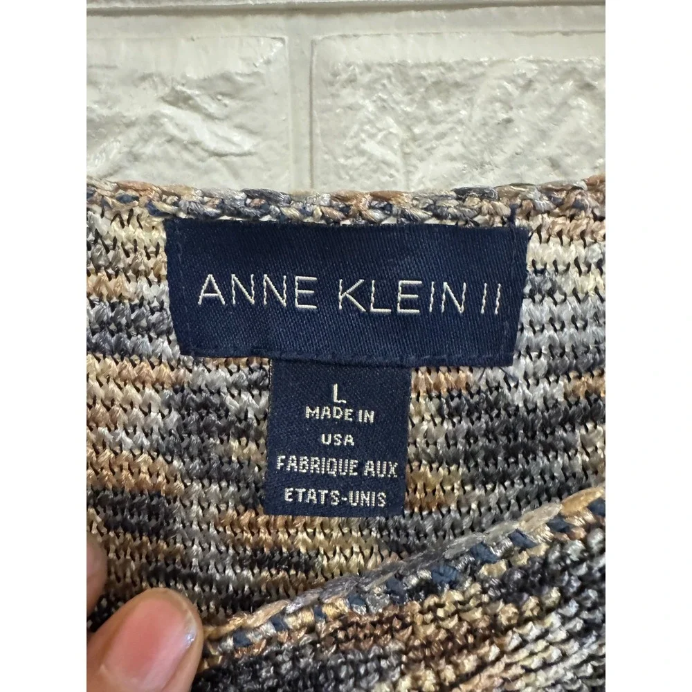 Anne Klein II Brown Tan Striped Knit Sweater Boat Neck Rayon Top Womens Large